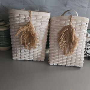 Set of 2 Beige Wood Woven  Baskets with Handles, 12" x 10" Rectangular